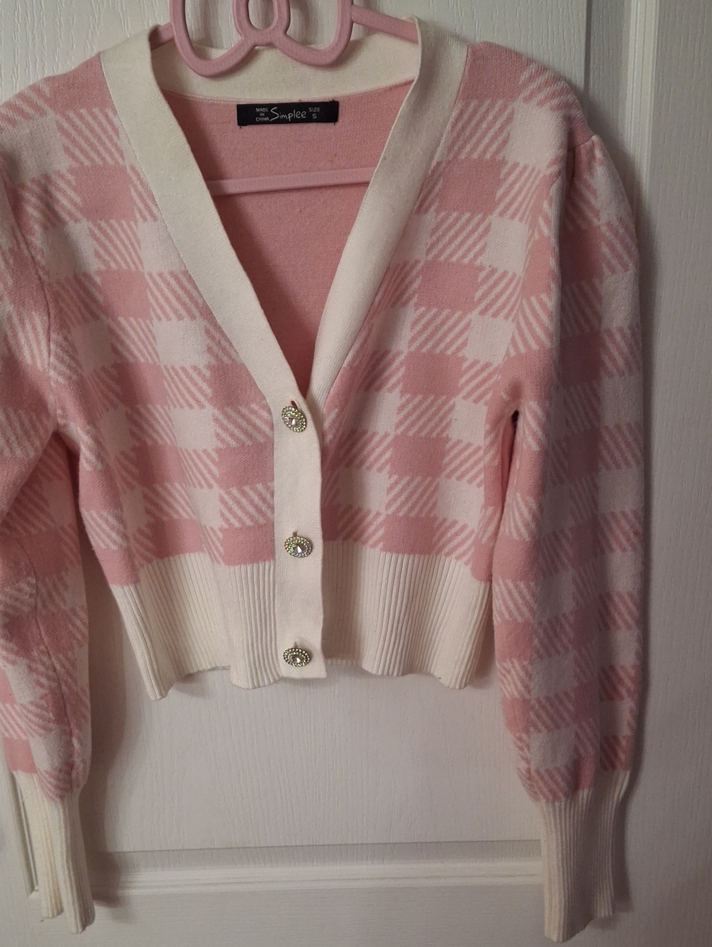 Simplee Pink and Cream Plaid Cropped Cardigan Sweater  Like New  Size S